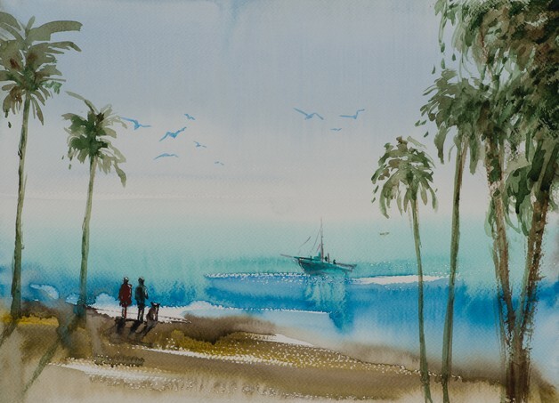 Watercolour beach with palm trees